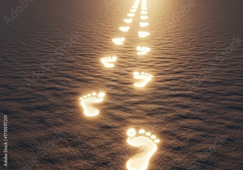 glowing footprints create path of light on dark surface, leading towards bright source. concept of spiritual journey, guidance, and enlightenment. metaphorical design.