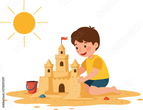 Happy boy building a sandcastle on a sunny beach.