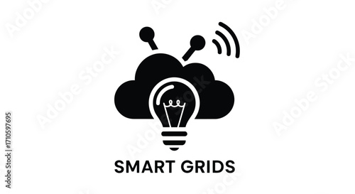 Vector illustration of smart grids concept, a light bulb in front of a cloud with antenna, a simple black and white illustration