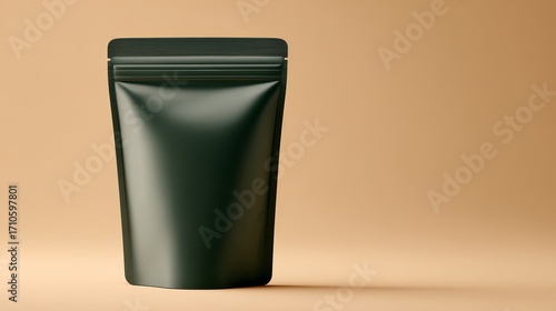 Minimalist dark green matte stand-up pouch on beige background