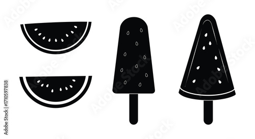 Black and white illustration of various watermelon shaped frozen treats