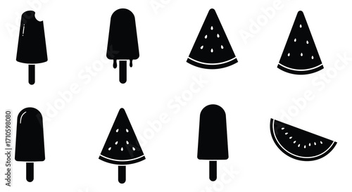 Simple black silhouettes of various popsicles and watermelon slices