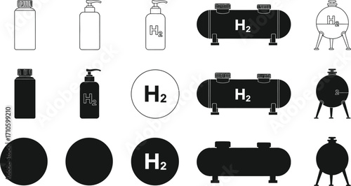 Hydrogen h2 storage tanks and bottles vector icon illustration