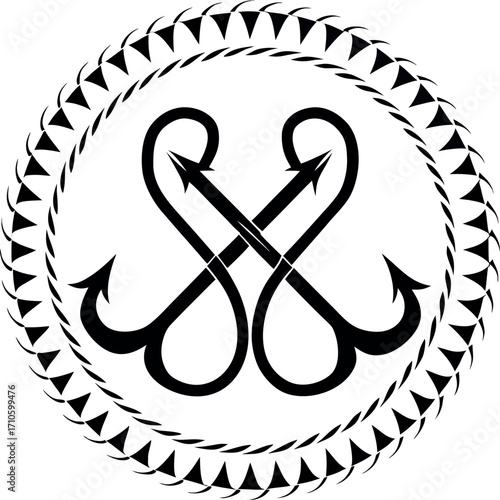 Tribal Symbolism: Intricate, artfully designed tribal tattoo art featuring two opposing anchor motifs encircled by a geometric pattern, showcasing cultural heritage.