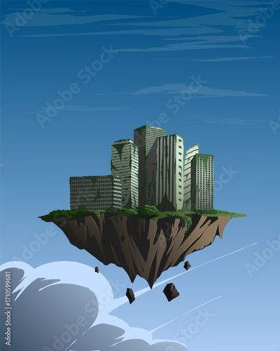 Floating abandoned city vector illustration with blue sky and cloud