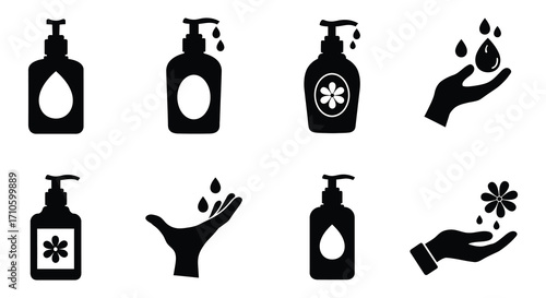 Black and white icons depicting hand sanitizer bottles and hygiene practices