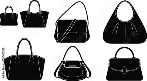 Shop stylish black handbag collection vector illustration set