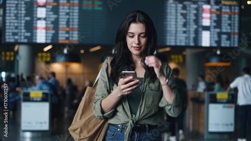 Happy woman traveller using smartphone checking flight schedule departures board in departure airport terminal hall in front of check in counters. Tourist journey trip concept