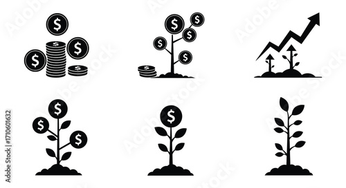 Money growth concept with coin plants and rising graph illustration