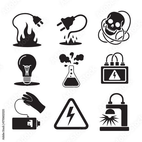 Collection of black and white vector icons representing electrical hazards and dangers including fire sparks skull lightbulb explosion warning signs and equipment