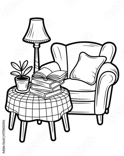 Cozy reading nook vector illustration armchair table lamp books plant scalable eps icon silhouette vector illustration white background