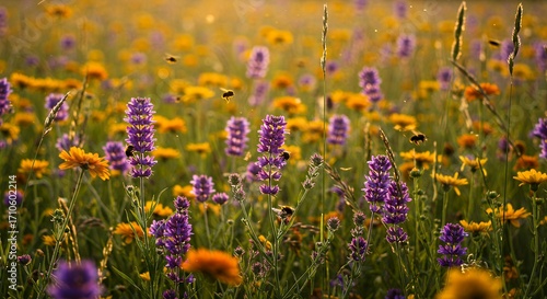 Colorful wildflower meadow at sunrise