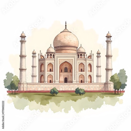 水彩画風のタージマハル 白い背景にインドの建造物