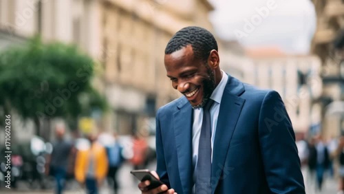 Smiling Black Entrepreneur Checking Stock Market on Phone