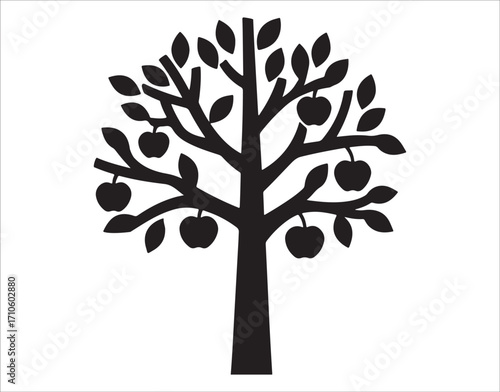 Stylized silhouette of an apple tree laden with fruit showing growth and harvest