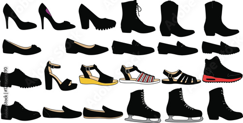 Assorted types of women and men shoes footwear collection style