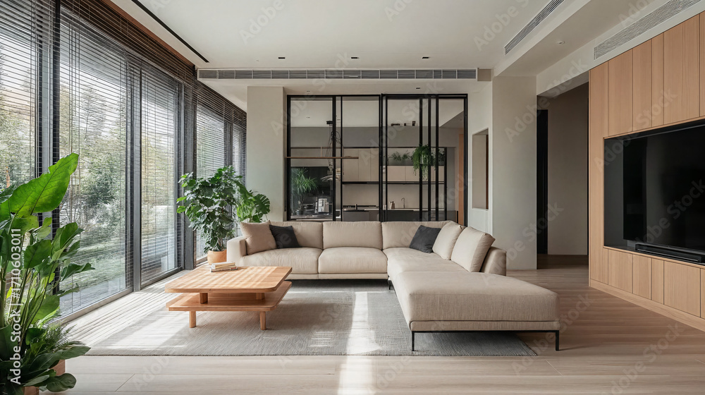 Fototapeta premium An elegant and spacious modern living room, bathed in natural light, inviting relaxation. The room features sophisticated design elements, including a comfortable beige sectional sofa.