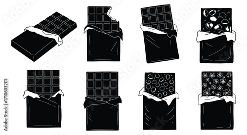 A series of broken chocolate bars with white wrapper details