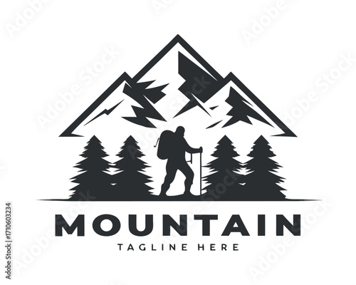 Mountain Logo: A striking mountain range silhouette design. Depicting a solitary hiker on a majestic mountain landscape, enhanced with lush evergreen trees. It's perfect for travel agencies.