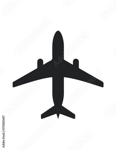 A solid black silhouette icon of a passenger airplane with two engines, viewed from directly above.