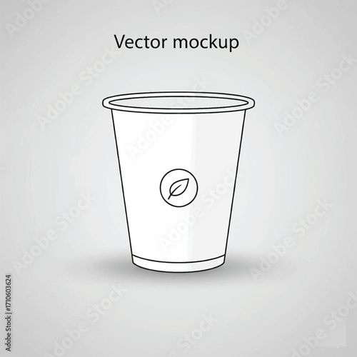 Empty paper cup with a minimalist leaf logo, isolated on a light grey background, perfect for showcasing branding