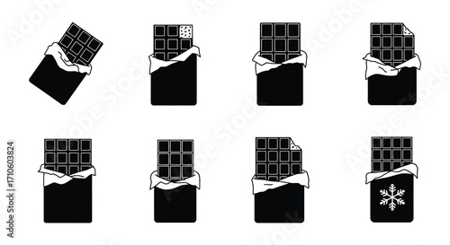 Black and white illustration of various partially unwrapped chocolate bars