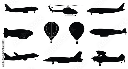 Silhouettes of various flying vehicles including planes helicopters and airships