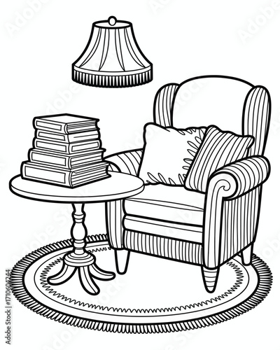 Cozy armchair and book stack vector illustration scalable eps icon for relaxing home scene silhouette vector illustration white background