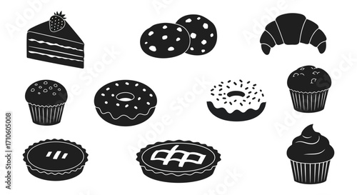 Black and white illustration of various delicious sweet pastries and desserts