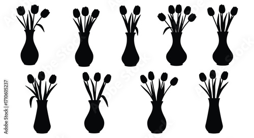 A collection of black silhouette tulip bouquets in varying vase shapes