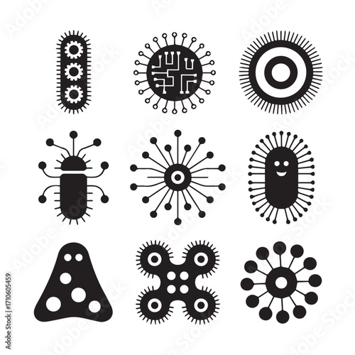 Collection of diverse hand drawn black and white illustrations of various stylized microscopic organisms and bacteria