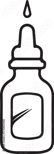 Eye Drops or Nasal Drops Dropper Bottle Vector Illustration, Sketch Drawing Line Linear Symbol Icon Engraving Coloring Book, Hand-drawn Doodle Black and White Isolated