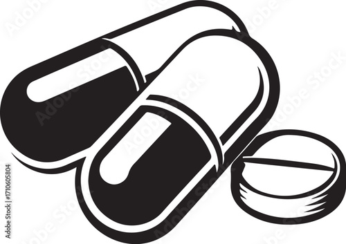 Several Pills Capsules Medicine Pharmacy Prescription Vector Illustration, Sketch Drawing Line Linear Symbol Icon Engraving Coloring Book, Hand-drawn Doodle Black and White Isolated
