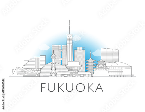 Fukuoka, Japan, cityscape illustration skyline drawing