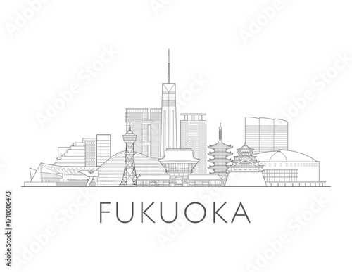 Fukuoka, Japan, cityscape illustration skyline drawing