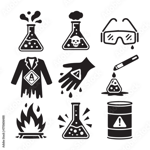 Collection of hand drawn icons representing chemical hazards and safety precautions in a laboratory setting