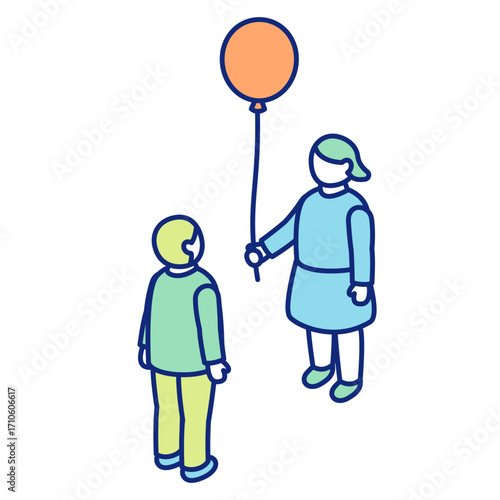 An isometric illustration of a girl offering a balloon and a boy reaching out to take it