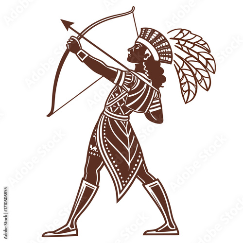 Illustration of a native american archer, the archer is depicted in a heroic pose, drawing back his bow and aiming an arrow the archer is wearing a headdress