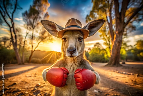 A kangaroo wearing a cowboy hat and boxing gloves stands in the outback at sunset, blending humor and strength in a surreal, australian scene