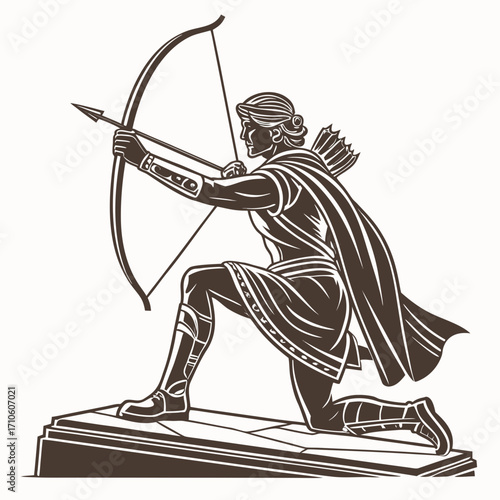 Illustration of a kneeling archer aiming with a bow and arrow, embodying the spirit of ancient warriors and mythological figures, a timeless symbol of precision and skill