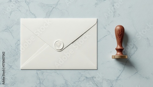 Elegant cream envelope with wax seal and wooden stamp on marbled background.