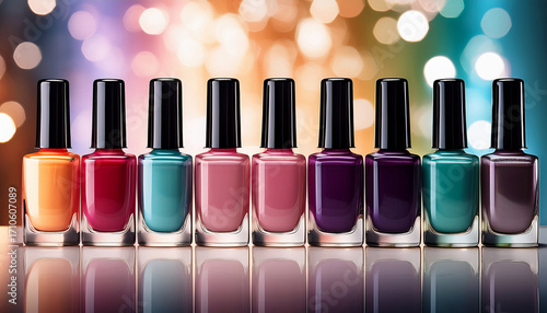 Wonderful Row Of Colorful Nail Polish Bottles Are Lined Up On A Table