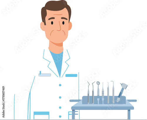 A male dentist stands beside a dental instrument tray.