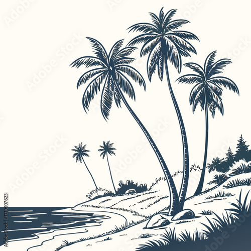 Vector art of a serene beach scene with tall palm trees swaying gently in the breeze, a tranquil ocean view, and a sandy shore, , evoking a sense of relaxation and escape