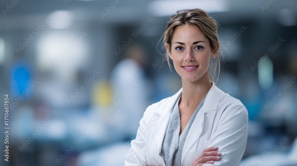 Obraz premium Confident young caucasian female doctor in hospital setting
