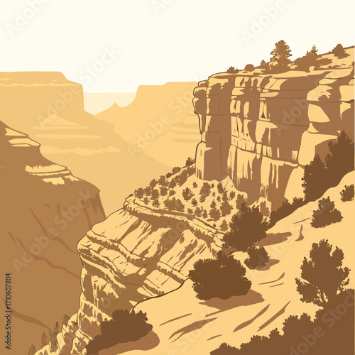 Vector art of a captivating vector illustration captures the majestic beauty of the grand canyon, showcasing its towering cliffs, rugged terrain, and panoramic views, evoking a sense of awe and wonder