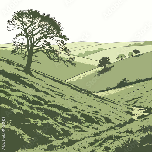 Vector art of a serene landscape illustration featuring rolling green hills, a solitary tree, and a winding stream, the scene evokes a sense of peace and tranquility