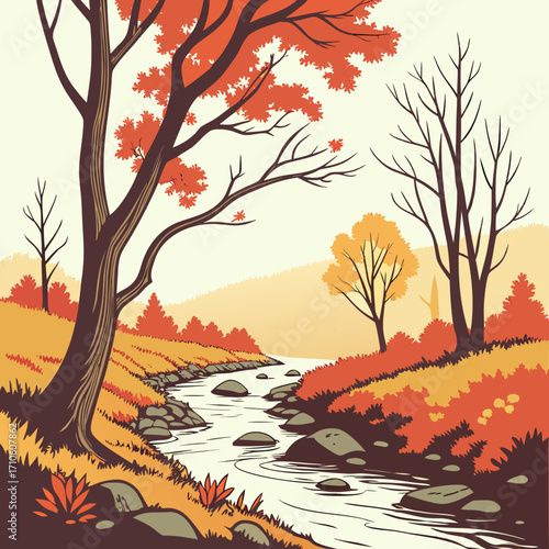 Vector art of a serene autumn landscape with colorful trees, a winding stream, and a tranquil atmosphere, showcasing the beauty of the fall season