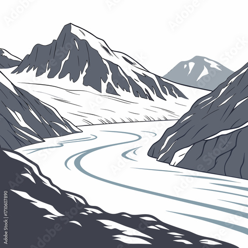 Vector art of striking mountain vista with snowcapped peaks and a winding river snaking through the valley, a minimalist vector art style, clean and modern design