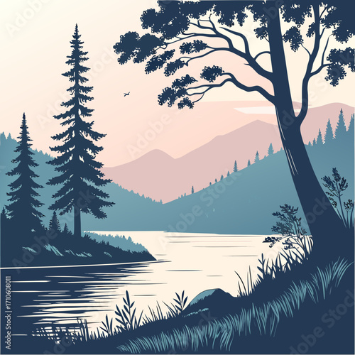 Vector art of a serene lake landscape illustration, featuring tall pine trees, rolling mountains, and a tranquil body of water reflecting the soft pastel sky at sunset or sunrise